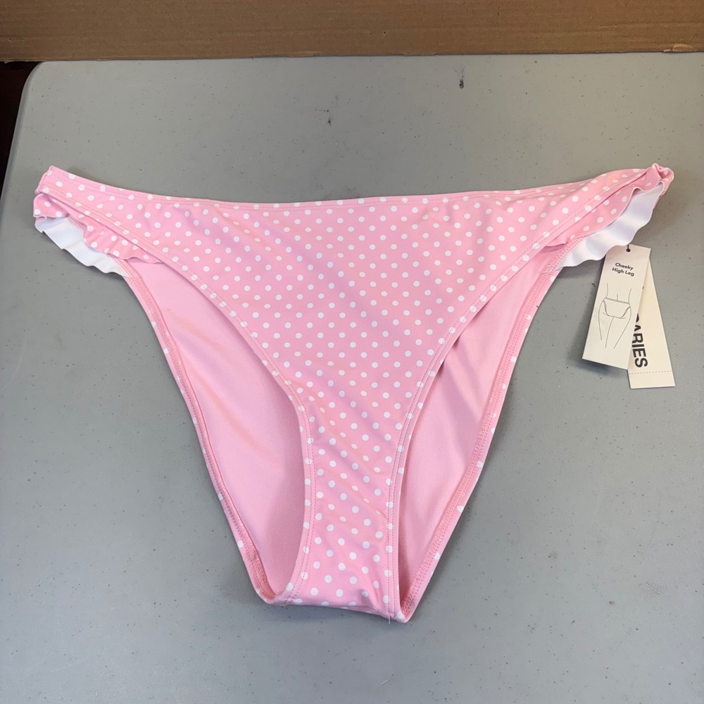No Boundaries Pink Polka Dot Ruffle Cheeky High Leg Bikini Swim Bottom XXL 20